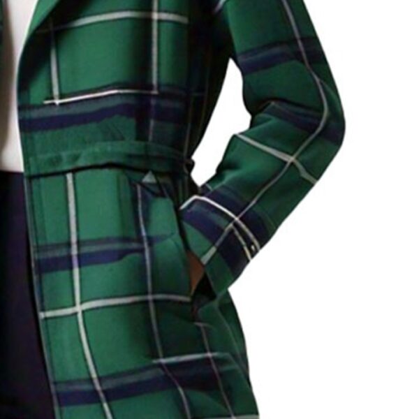 Women's Plaid Green Suede Leather Jacket with Classic Double-Breasted Design - Image 3