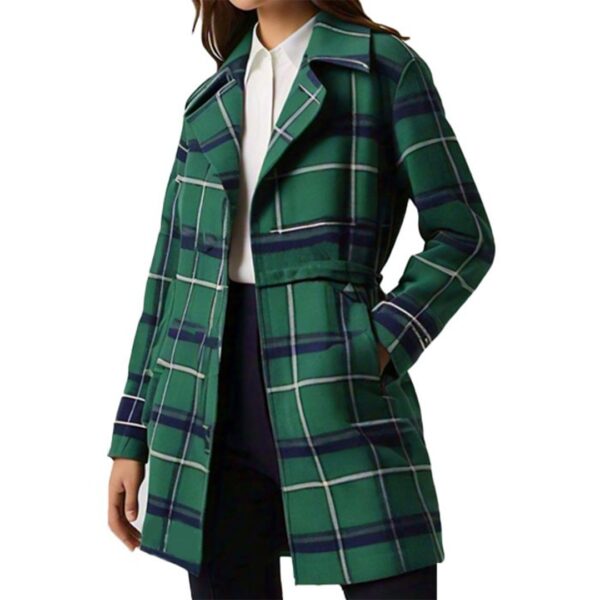 Women's Plaid Green Suede Leather Jacket with Classic Double-Breasted Design